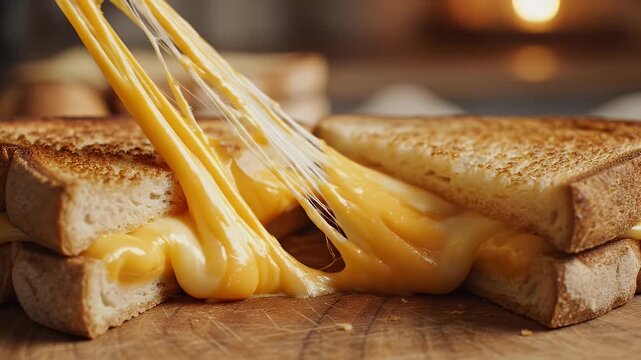 A toasted cheese sandwich with melted, gooey cheese stretched and pulling apart