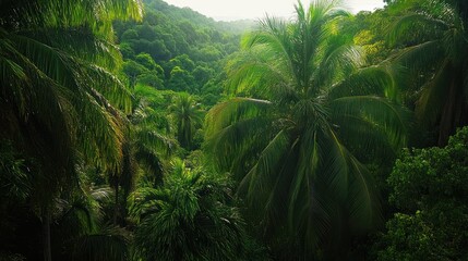 Naklejka premium Lush tropical jungle canopy. Dense foliage, vibrant green, palm trees, hidden valley