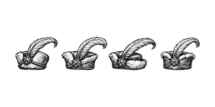 Four ornate historical hats with feathers and jewels, hand-drawn illustration