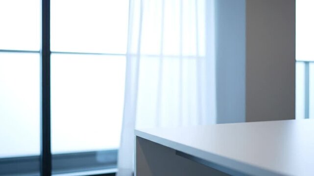 Bright minimalist interior space featuring a window and white countertop with a sheer curtain detail