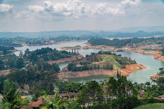 Aerial View of El Pe&ntilde;ol Reservoir and Islands from La Piedra Rock in Guatape Colombia