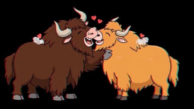 Smiling cartoon yak with big horns on black background