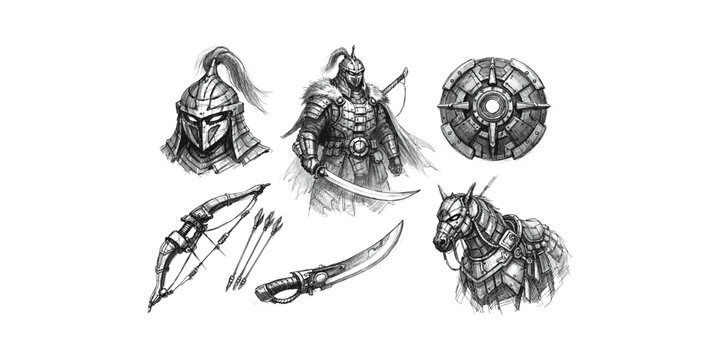 Collection of medieval warrior armor, weapons, and horse sketch
