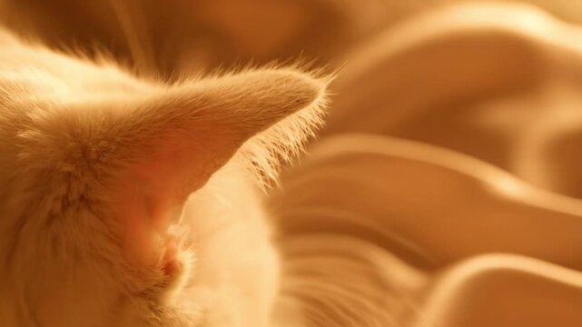 Close-up of a fluffy cat's ear bathed in warm golden light