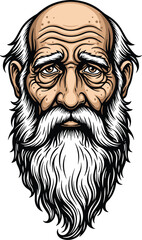 Obraz premium Old Bearded Man Portrait Vector Illustration Elderly Male Character Face with Long White Beard Wrinkles Bald Head Serious Expression for Mascot Avatar Design
