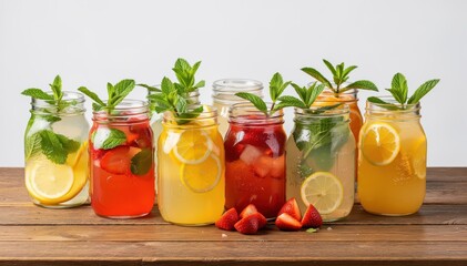 Fototapeta premium Refreshing Symphony of Flavors: An array of vibrant, handcrafted beverages in mason jars, adorned with fresh fruits and mint sprigs, beckons with the promise of invigorating refreshment.