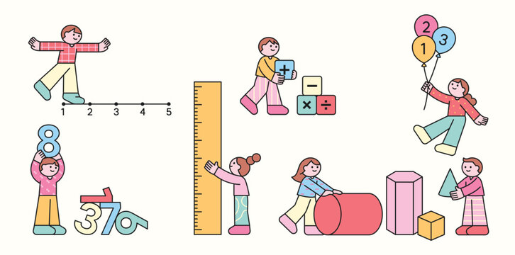 Children expressing math through their bodies. They are studying with numbers and shapes. Cute character with a round face, featuring a design and geometric shape.