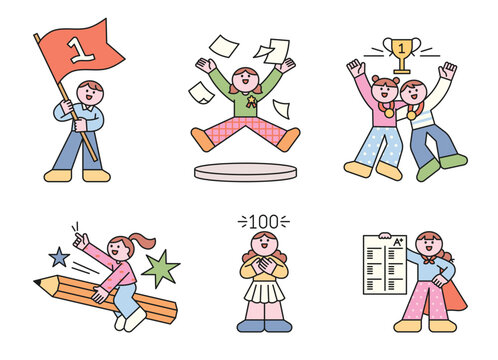 A collection of poses from students excited about their test scores. Cute character with a round face, featuring a design and geometric shape.