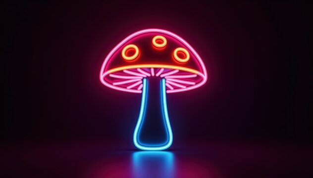 Neon Mushroom Illumination: A mesmerizing neon mushroom, radiating vibrant colors against a dark backdrop, is an artwork showcasing a fusion of modern design and natural motifs.