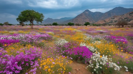 Obraz premium Desert Wildflower Meadow Blooming with Vibrant Colors and Majestic Mountains