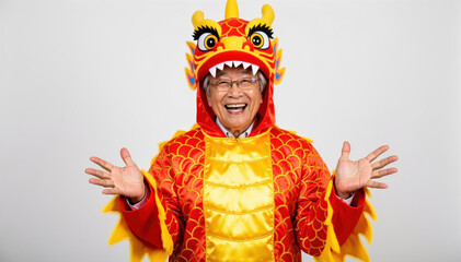 Obraz premium Joyful in Dragon Costume: A smiling individual, adorned in a vibrant dragon costume, radiates happiness, capturing the spirit of celebration and cultural festivities.