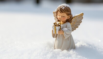 Naklejka premium Angel in Winter Wonderland: A delicate angel figurine cradles a wrapped gift, nestled serenely in a pristine blanket of fresh snowfall. Symbolizing peace and the spirit of giving.