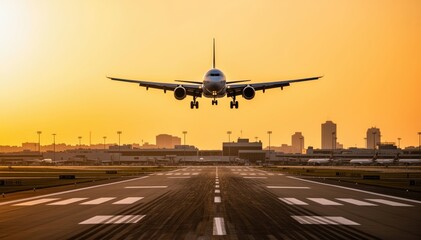 Naklejka premium Soaring Above the City: An airplane descends gracefully toward the runway against a backdrop of a warm, setting sun, silhouetting the cityscape in the distance.