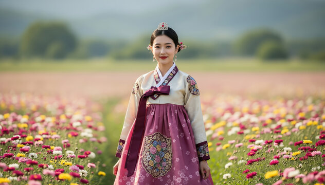 Ethereal Hanbok: A woman draped in the timeless elegance of a Hanbok strolls amidst a vibrant expanse of blooming flowers, exuding serenity and grace.
