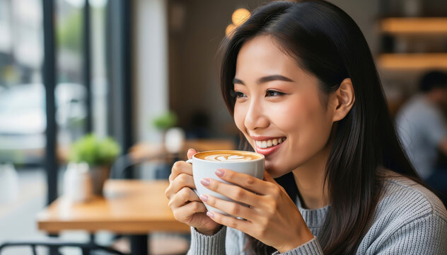 Joyful Coffee Moment: A moment of pure serenity as a smiling woman savors the rich aroma and taste of a cappuccino in a cozy cafe, exuding contentment and relaxation.