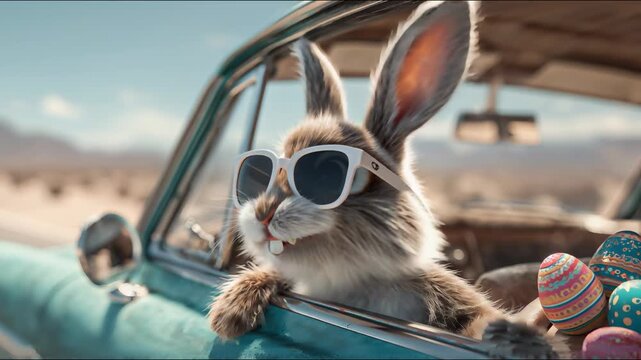 Easter Bunny Road Trip Adventure. Cute Easter Bunny with sunglasses looking out of a car filed with easter eggs
