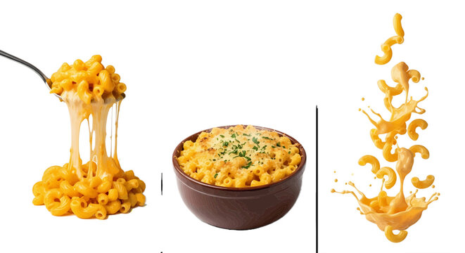 Macaroni and cheese in a brown bowl with a fork and splashing mac on a transparent background