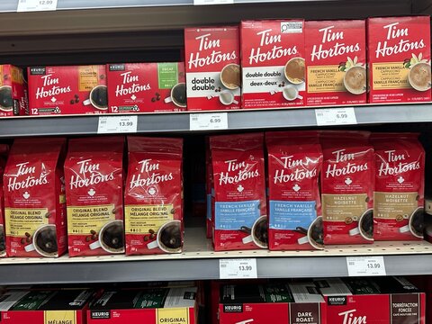 Tim Hortons coffee products retail display inside grocery store. March 23 2026, Gleichen Alberta Canada. For editorial use only