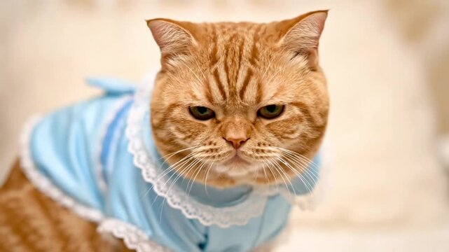 Grumpy orange tabby cat in a cute blue dress with white lace trim