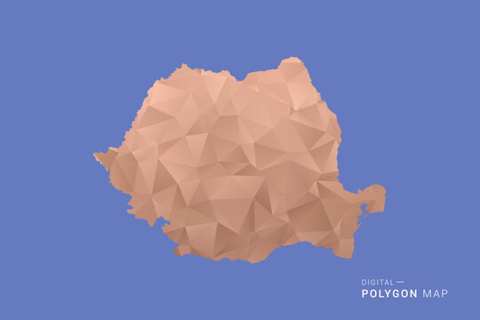 Romania Map - Orange Polygon Vector Illustration on Deep Blue Background, Low Poly Geometric Design, Modern Abstract Country Silhouette for Infographics and Presentation Use.