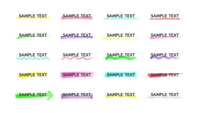 マーカー見出しセット カラフル手描き蛍光ペン強調ライン素材 Marker Headline Set Colorful Highlight Brush Lines
