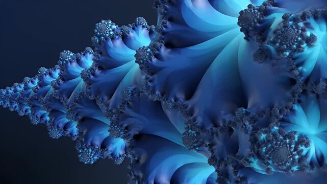 A swirling blue fractal structure, reminiscent of organic forms, emerging from darkness