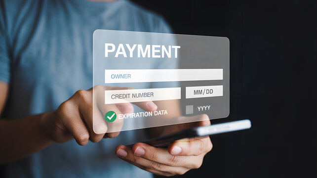 Close-up of a person holding a smartphone with a transparent digital overlay showing a "PAYMENT" form for online credit card transactions, featuring fields for owner, credit number, MM/DD, YYYY