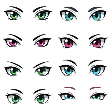 A detailed collection of expressive eye illustrations in different colors (green, pink, blue) and styles, common in Japanese animation and manga art.
