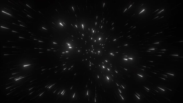 Flying through starry space, starfield. Glowing stars with trails. Particles motion background. Loop