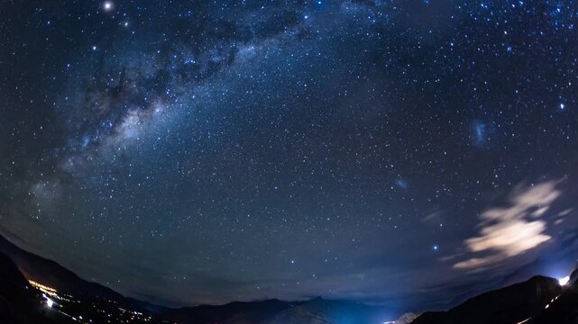 A timelapse of Fisheye Timelapse of Milky Way Arcing Over Mountains Above Queenstown New Zealand