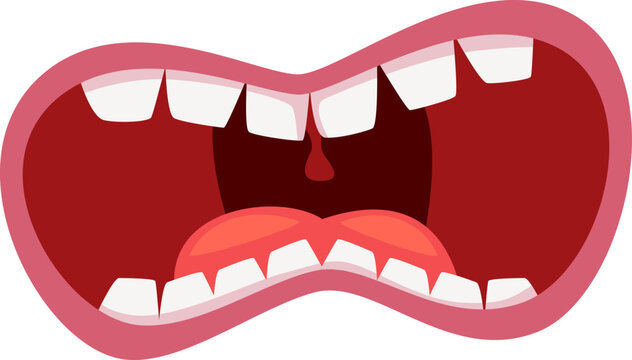 Cartoon open mouth with white teeth and red tongue.