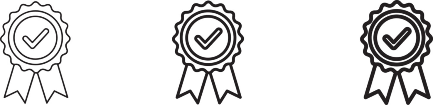 Vector graphic of three checkmark rosette ribbons in different line styles and thicknesses for design