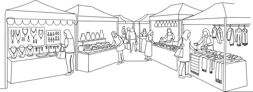 outdoor market stalls with people