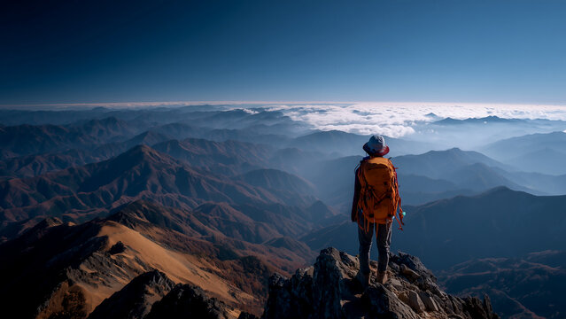 壮大な雲海と山々を眺める山頂のハイカーと絶景