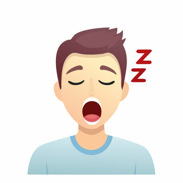 Cartoon man yawning, with closed eyes and zzzs. Depicting fatigue or tiredness.