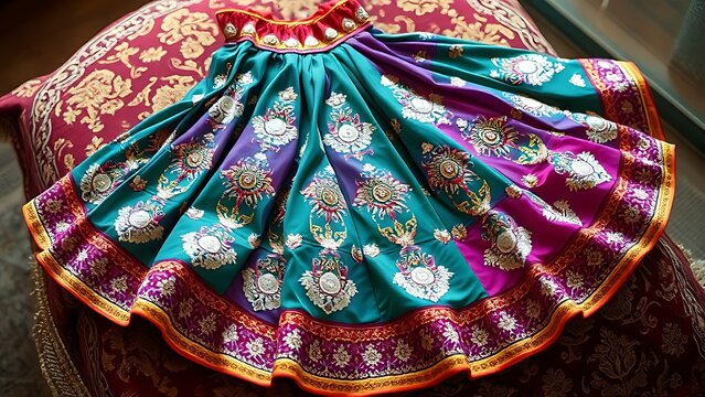 chaniya. Vibrant skirt with intricate mirror work laid flat on an ornate textile cushion. event programs, museum guides, designed for cultural heritage projects and event programs.