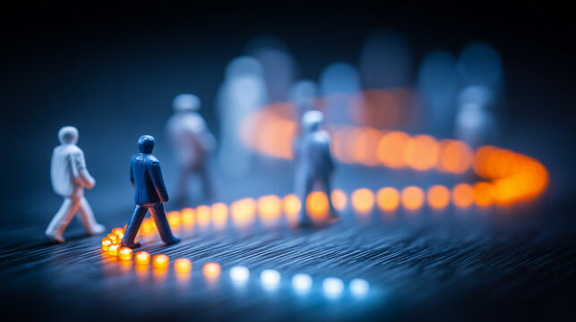 Miniature people walking along a glowing data path, representing customer journey, user behavior, and connected movement through digital systems.
