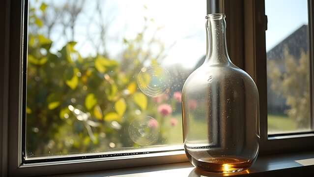 demijohn. A glass demijohn on a windowsill refracting a sunlit garden view. bar promotions, beverage menus, designed for food & beverage menus and cafe branding, used by ui designers.