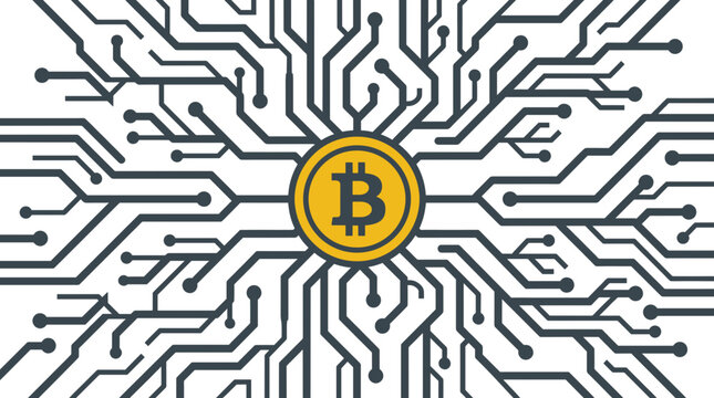 Cryptocurrency circuit network with digital coin symbol.