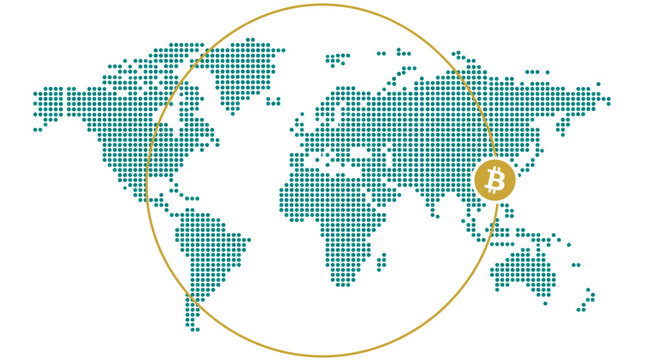 Dotted world map with bitcoin marker and global network circle.