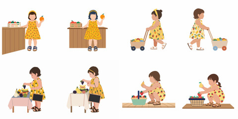 Collection of flat vector illustrations depicting a toddler girl in fruit-patterned dresses playing with various fruits at stands and in carts. © Nadhirotul