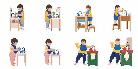 Fototapeta premium Set of illustrations showing toddlers playing with toy kitchens and washing dishes, promoting Montessori learning and development of early life skills.