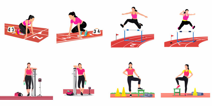 Set of flat vector illustrations featuring a female athlete performing various track and field activities like sprinting, hurdling, and training on a running track.