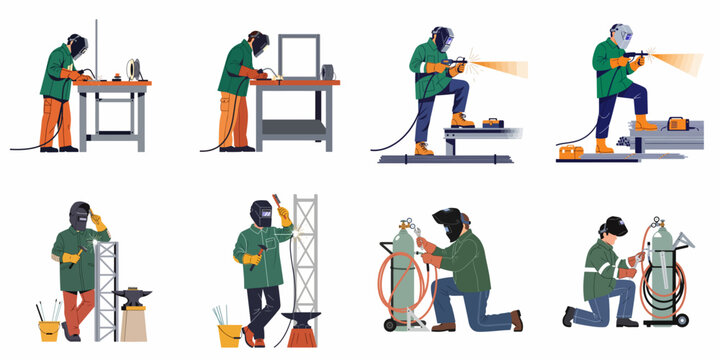 Set of professional welders in protective clothing performing industrial metalworking tasks such as welding and equipment maintenance, isolated on a white background.