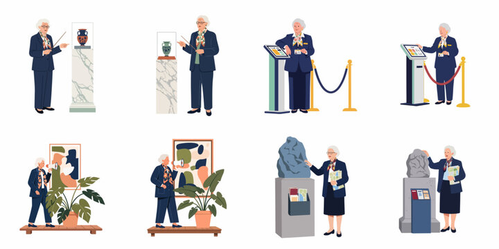 Professional senior museum guide character set in various poses, including presenting art, using a megaphone, and assisting at an information kiosk.