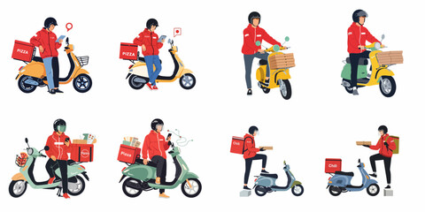 Naklejka premium A collection of flat vector illustrations showing pizza delivery couriers on scooters, using mobile navigation and carrying food boxes for fast delivery service.