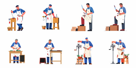 Fototapeta premium Professional butchers character set performing various meat processing tasks, including cutting, grinding, and knife sharpening, in a flat vector illustration style.