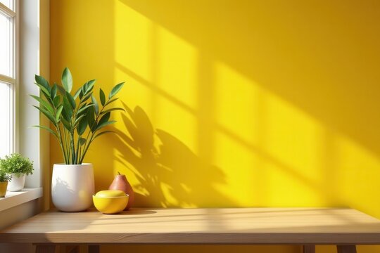 Empty mustard yellow kitchen wall with table, perfect for product placement , product photography, modern