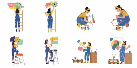Fototapeta premium Set of illustrations of a creative female artist in paint-splattered overalls painting murals and canvases in various poses, including on ladders and mixing colors.