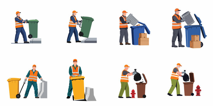 Set of sanitation workers in safety gear collecting waste, emptying trash cans, and handling garbage bags, isolated on a white background.